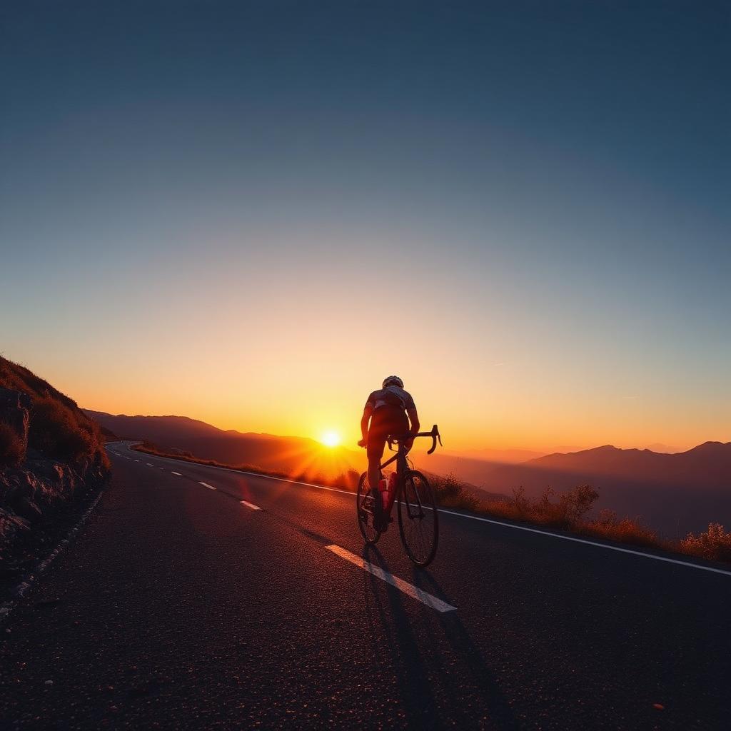 Ciclista subiendo un puerto de montaña al atardecer