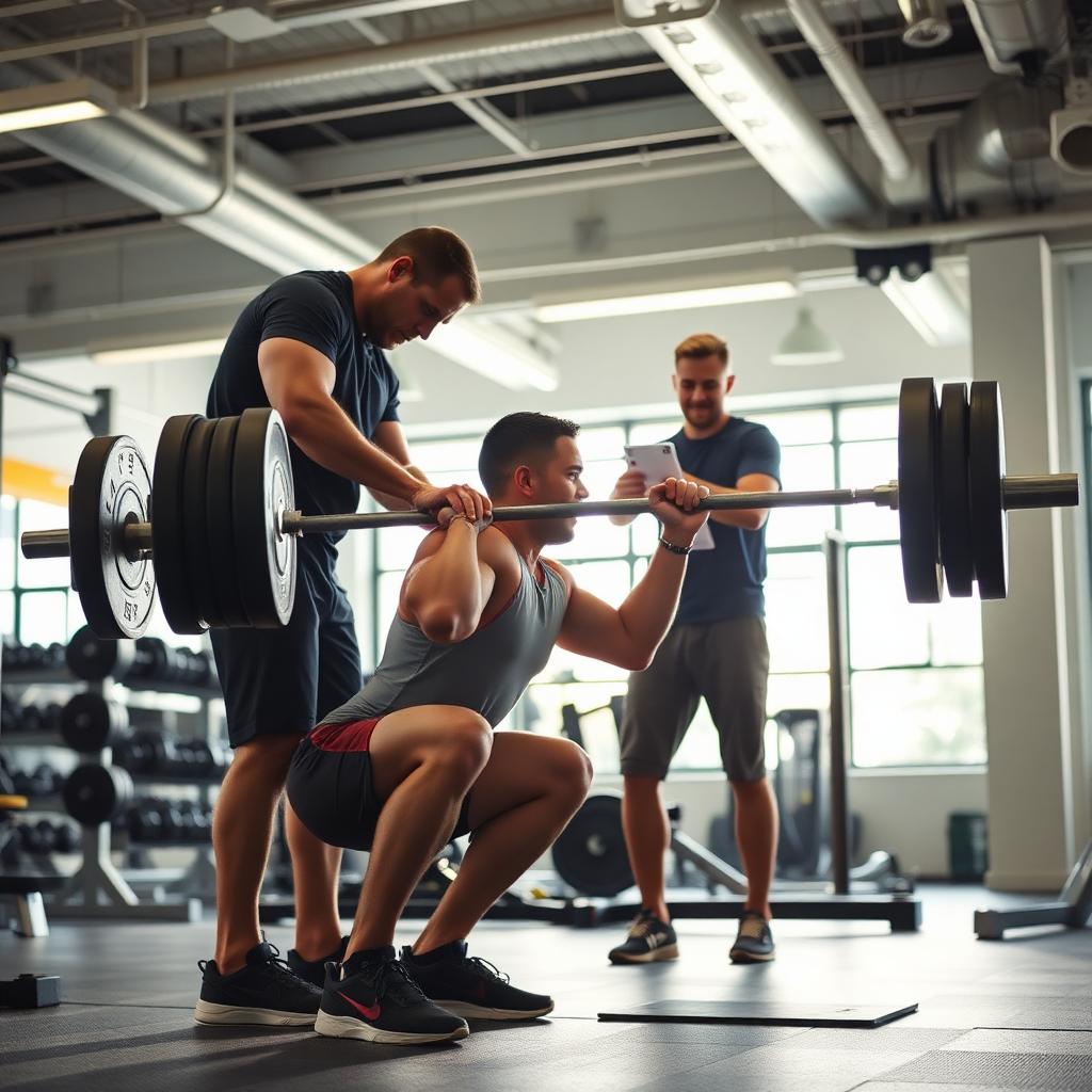 Entrenador corrigiendo la técnica de sentadilla a un socio en un gimnasio