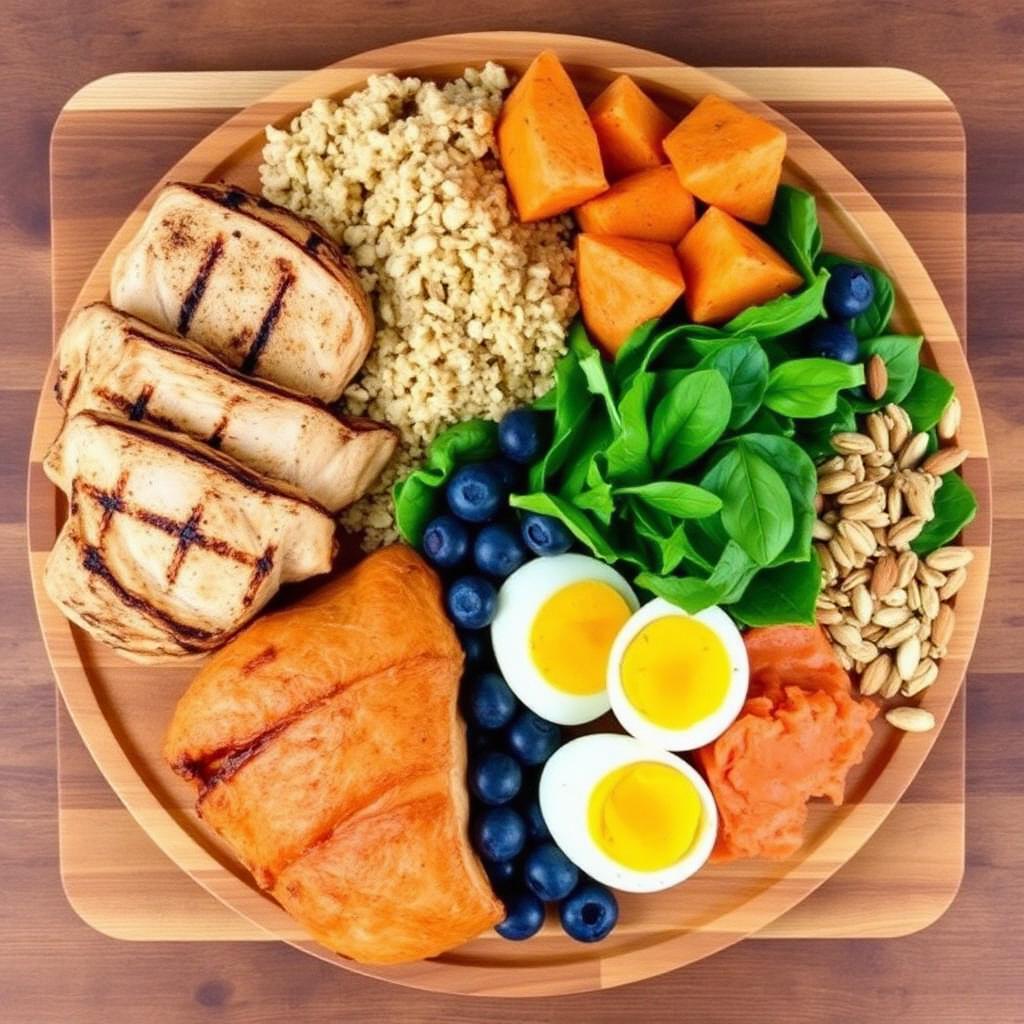 Bandeja de madera con carnes, cereales, fruta y verduras para deportistas